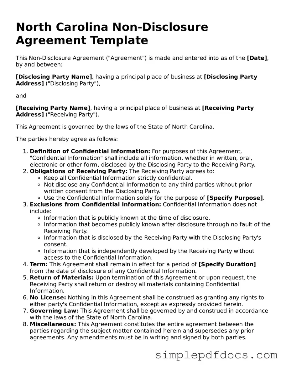 Legal Non-disclosure Agreement Document for the State of North Carolina
