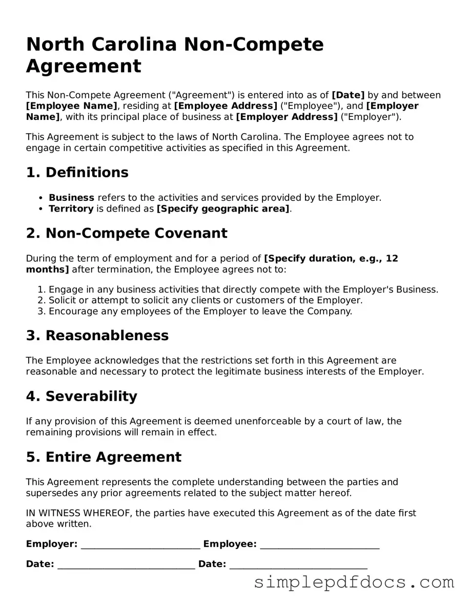 Legal Non-compete Agreement Document for the State of North Carolina