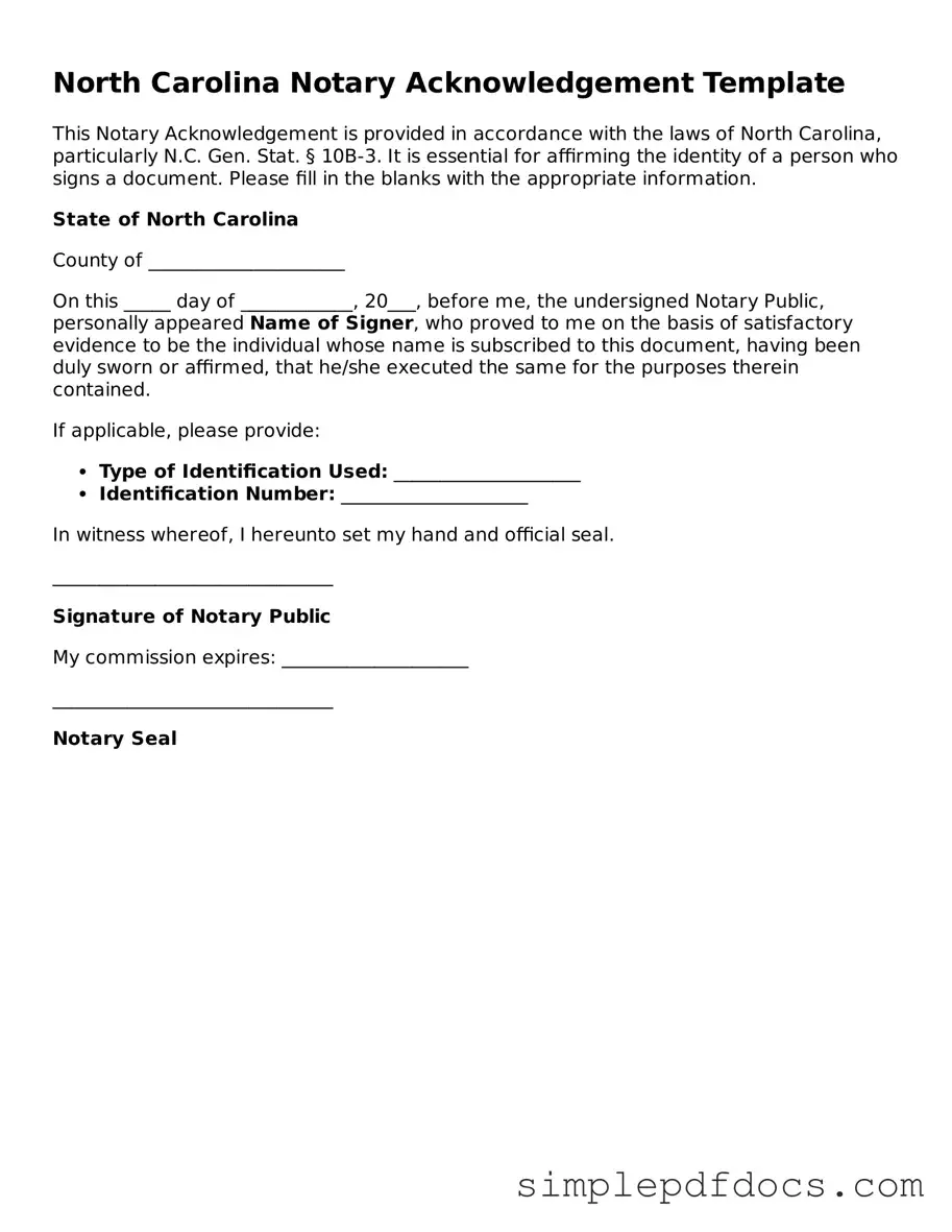 Legal Notary Acknowledgement Document for the State of North Carolina
