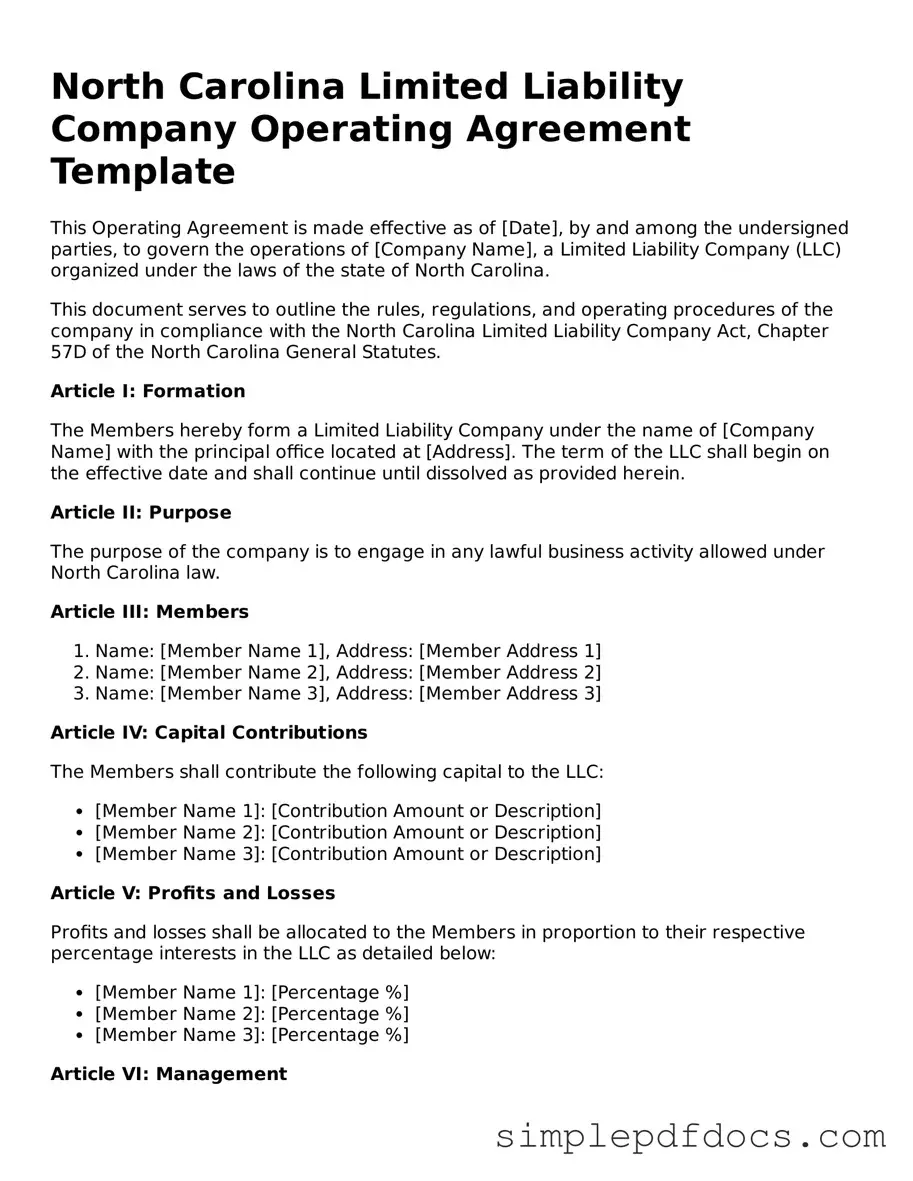 Legal Operating Agreement Document for the State of North Carolina