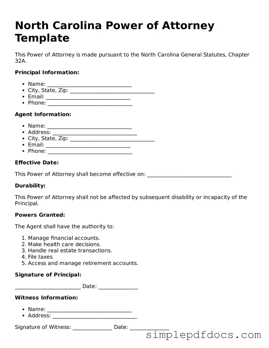 Legal Power of Attorney Document for the State of North Carolina