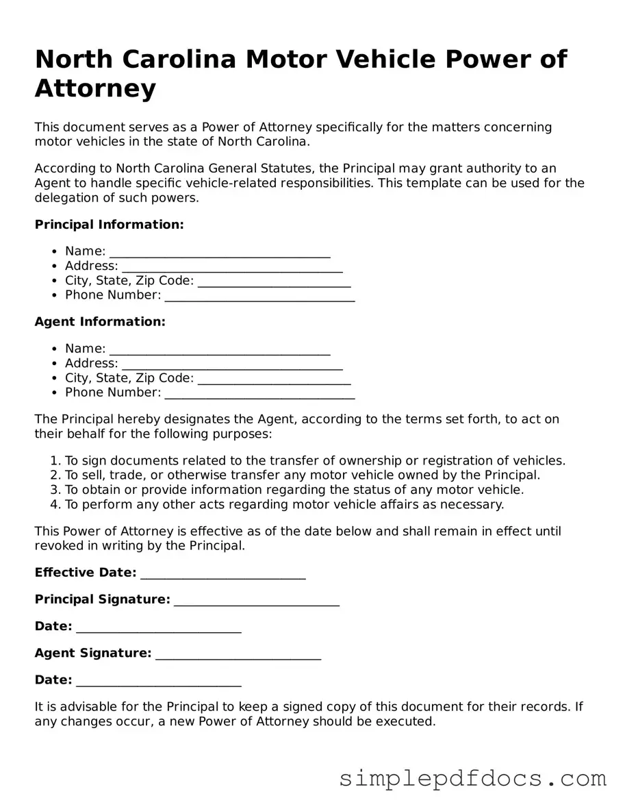 Legal Motor Vehicle Power of Attorney Document for the State of North Carolina