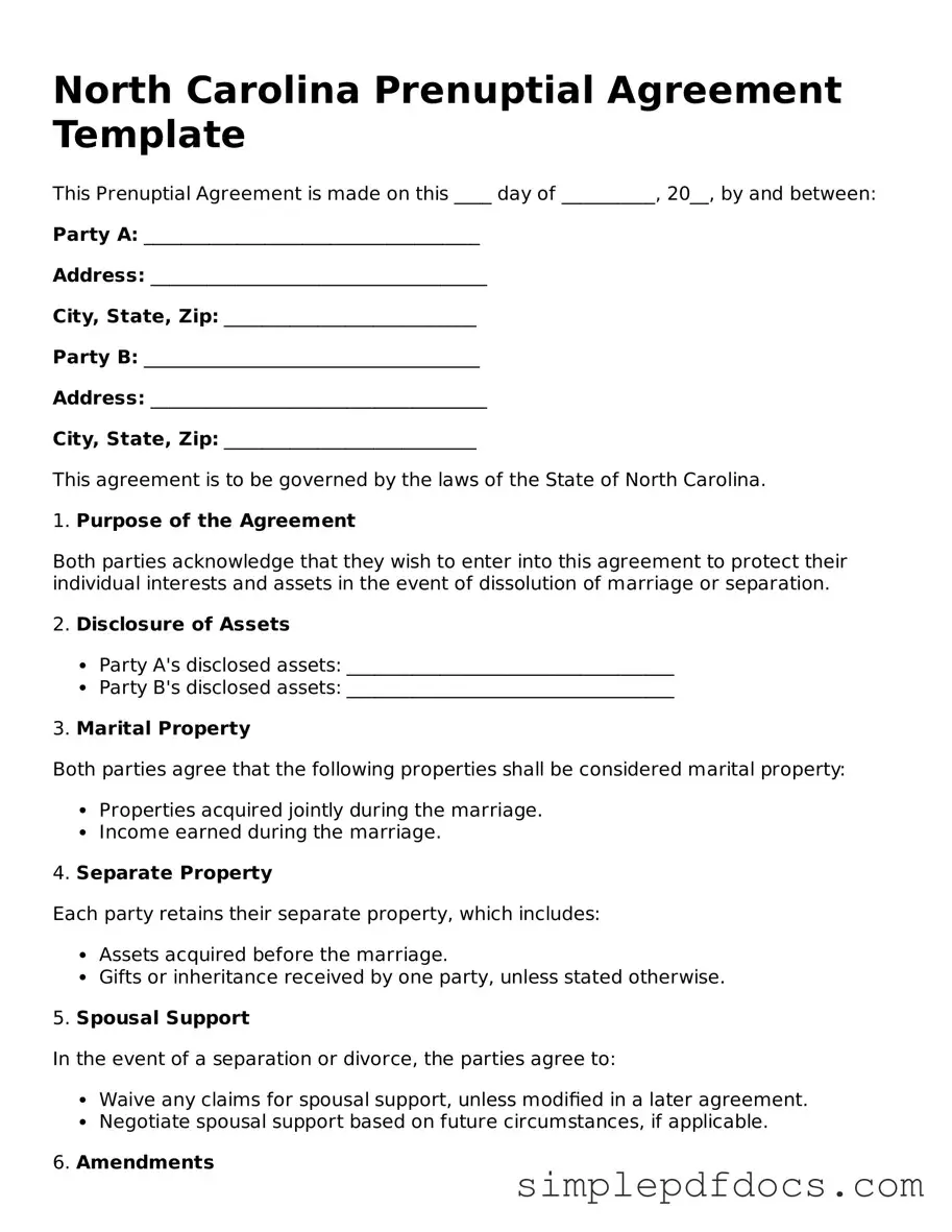 Legal Prenuptial Agreement Document for the State of North Carolina
