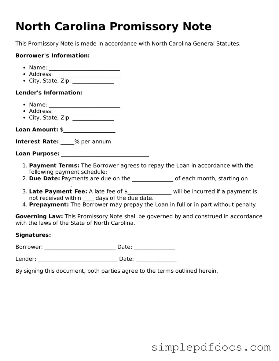 Legal Promissory Note Document for the State of North Carolina