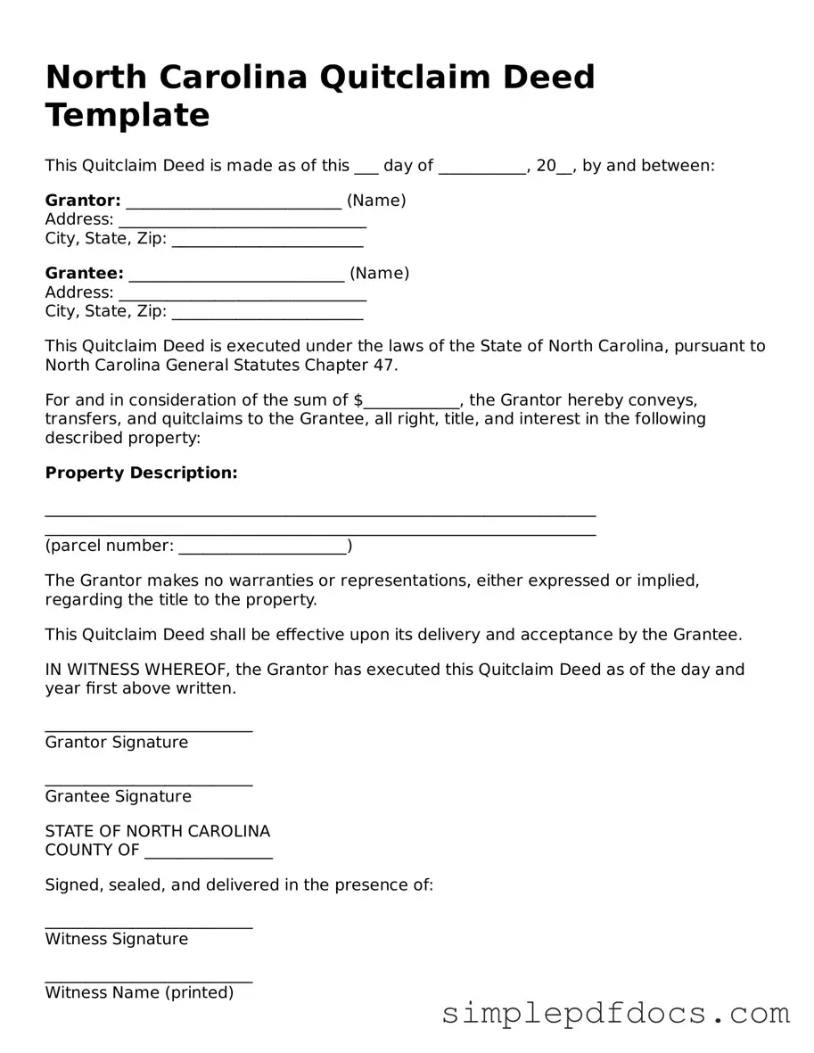 Legal Quitclaim Deed Document for the State of North Carolina