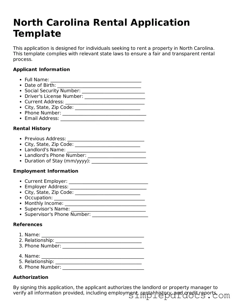 Legal Rental Application Document for the State of North Carolina