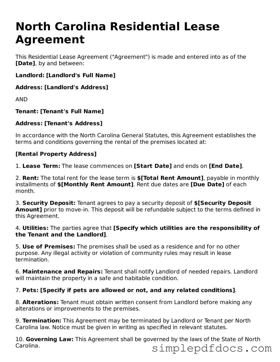 Legal Residential Lease Agreement Document for the State of North Carolina