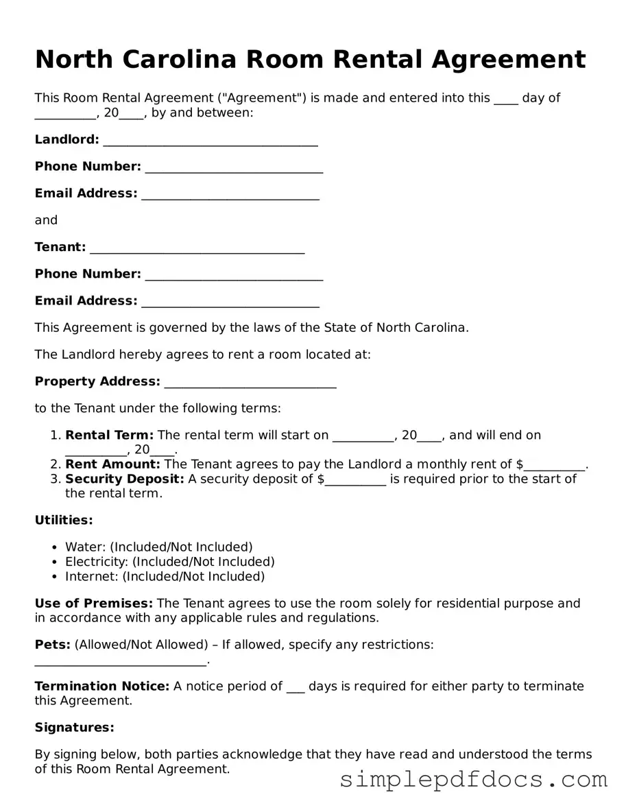 Legal Room Rental Agreement Document for the State of North Carolina