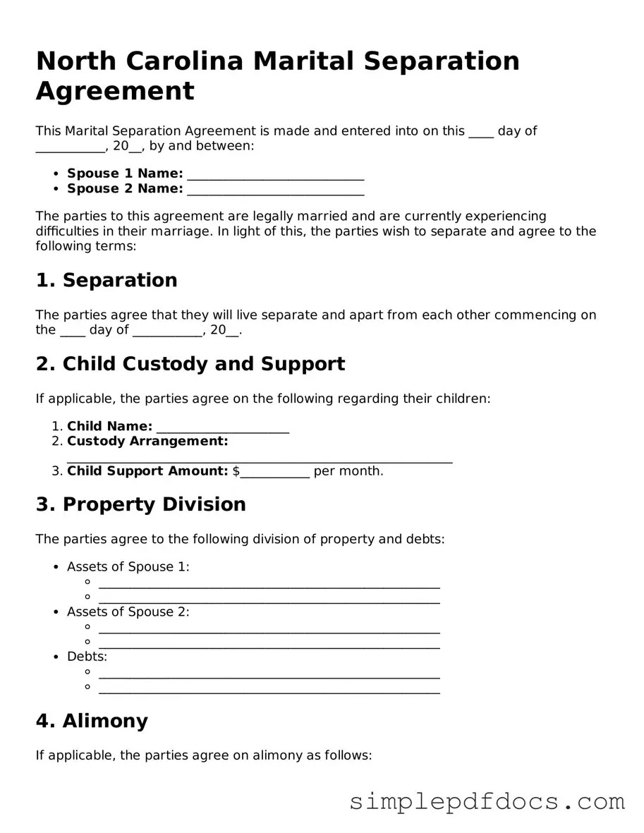 Legal Marital Separation Agreement Document for the State of North Carolina