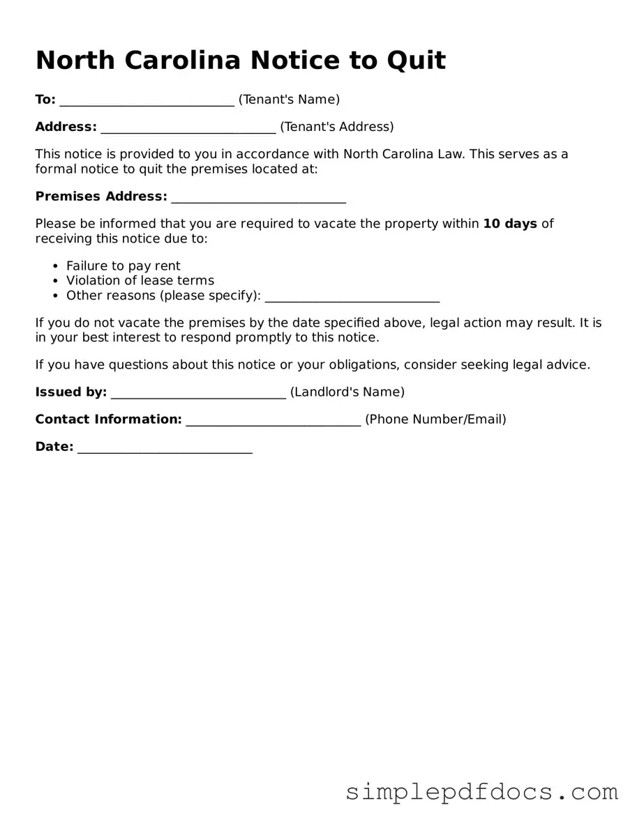 Legal Notice to Quit Document for the State of North Carolina