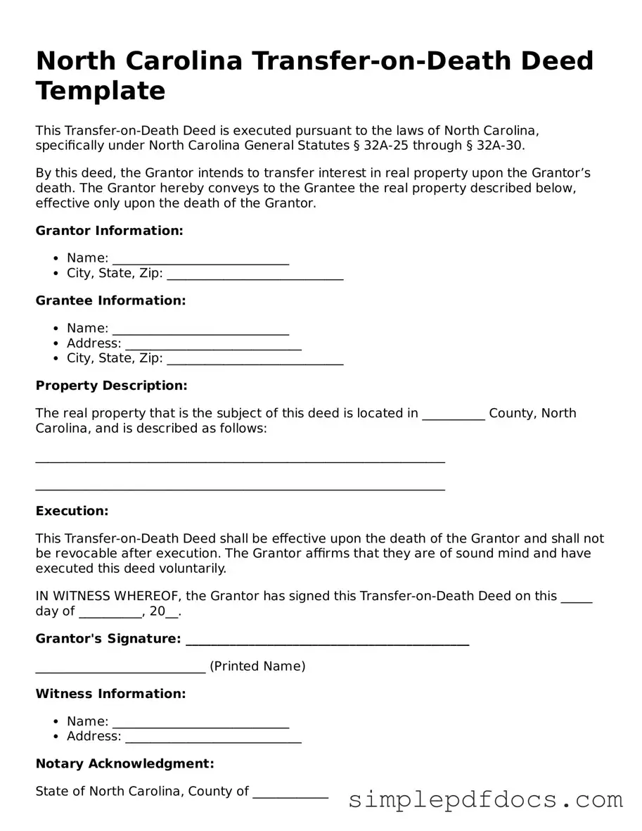 Legal Transfer-on-Death Deed Document for the State of North Carolina