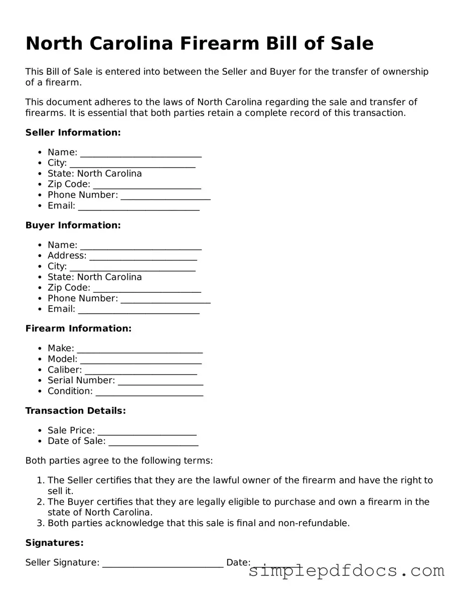 Legal Firearm Bill of Sale Document for the State of North Carolina