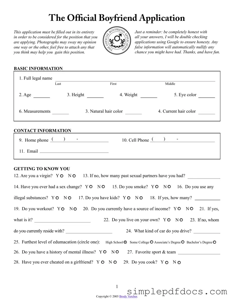 Fill Your Boyfriend application form Form