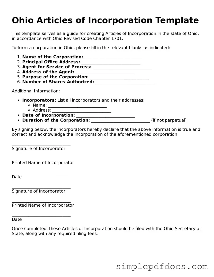 Legal Articles of Incorporation Document for the State of Ohio