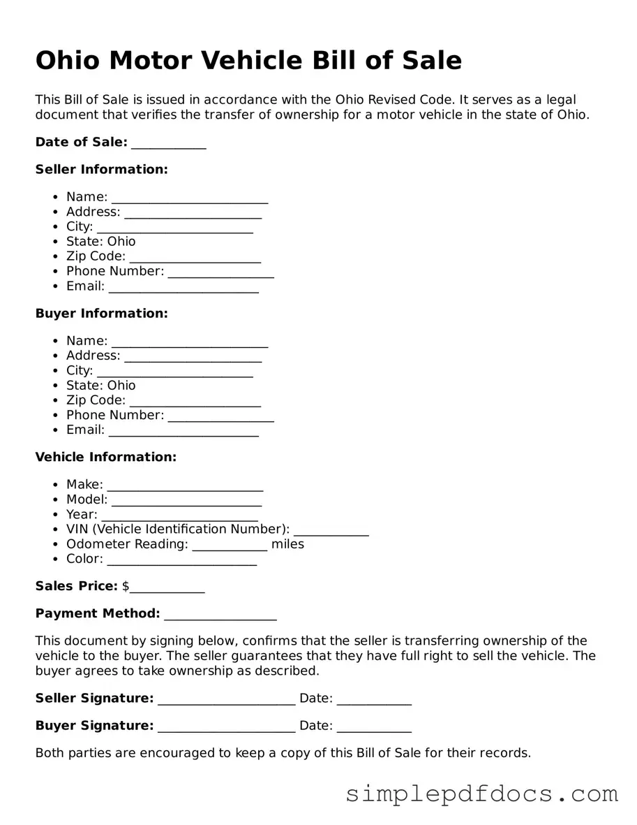 Legal Motor Vehicle Bill of Sale Document for the State of Ohio