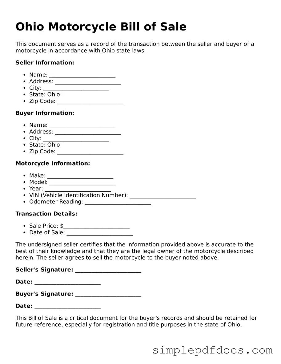 Legal Motorcycle Bill of Sale Document for the State of Ohio