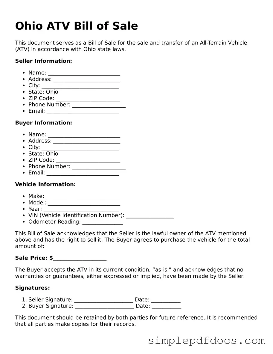 Legal ATV Bill of Sale Document for the State of Ohio