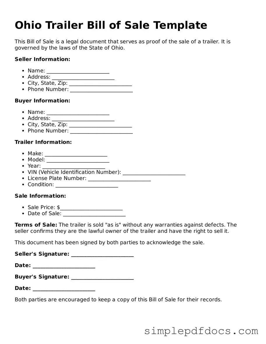 Legal Trailer Bill of Sale Document for the State of Ohio