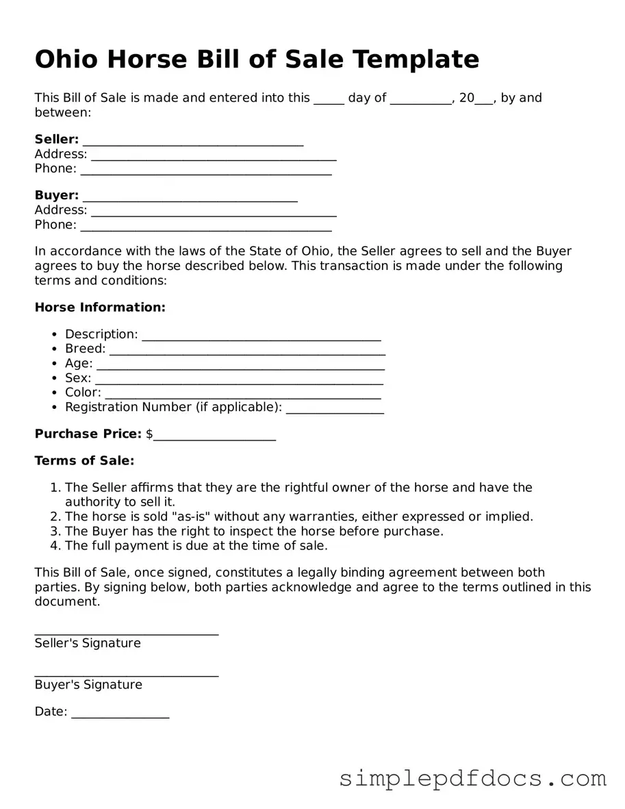 Legal Horse Bill of Sale Document for the State of Ohio