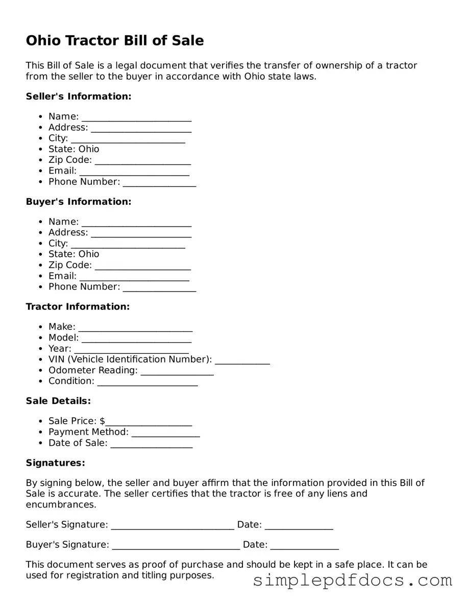 Legal Tractor Bill of Sale Document for the State of Ohio