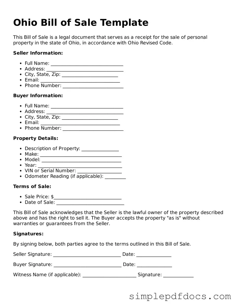 Legal Bill of Sale Document for the State of Ohio