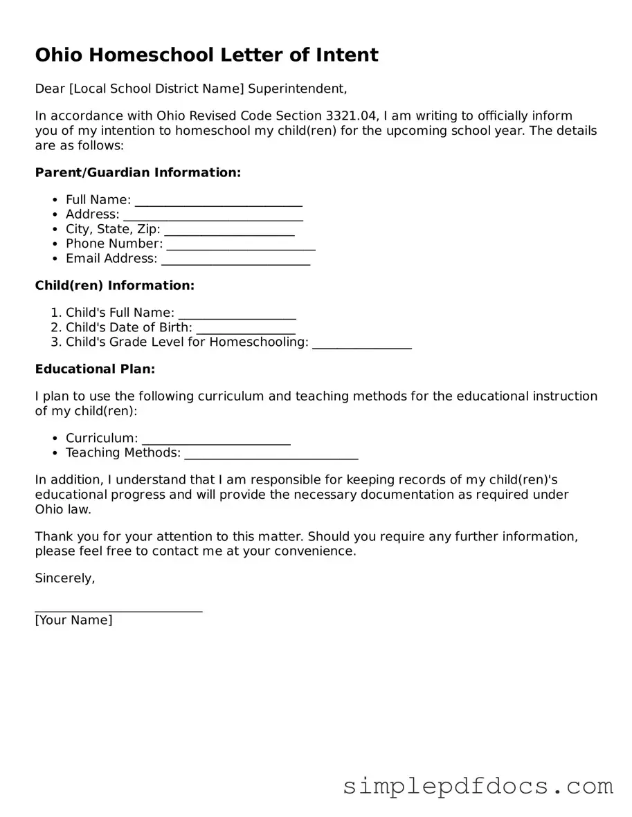 Legal Homeschool Letter of Intent Document for the State of Ohio