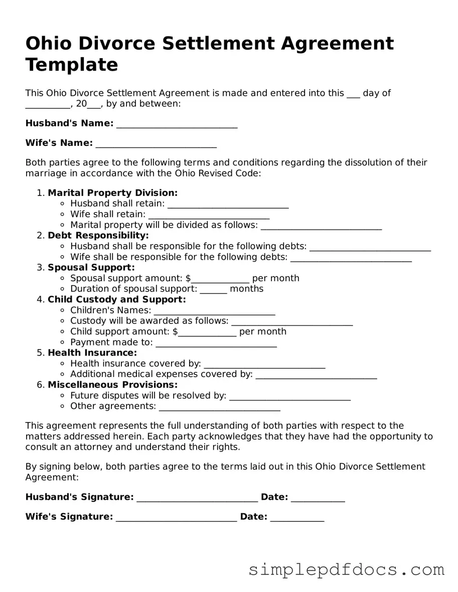 Legal Divorce Settlement Agreement Document for the State of Ohio