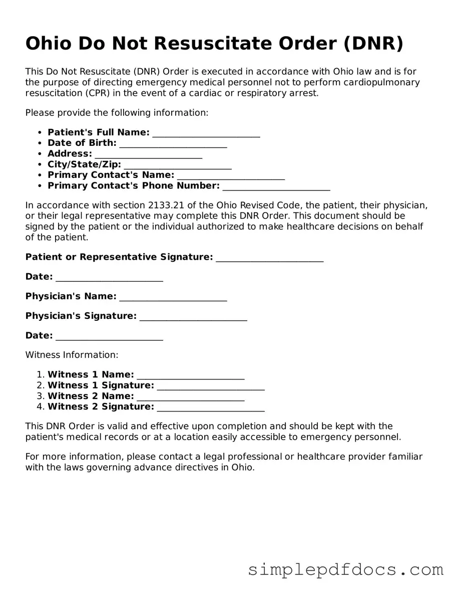 Legal Do Not Resuscitate Order Document for the State of Ohio