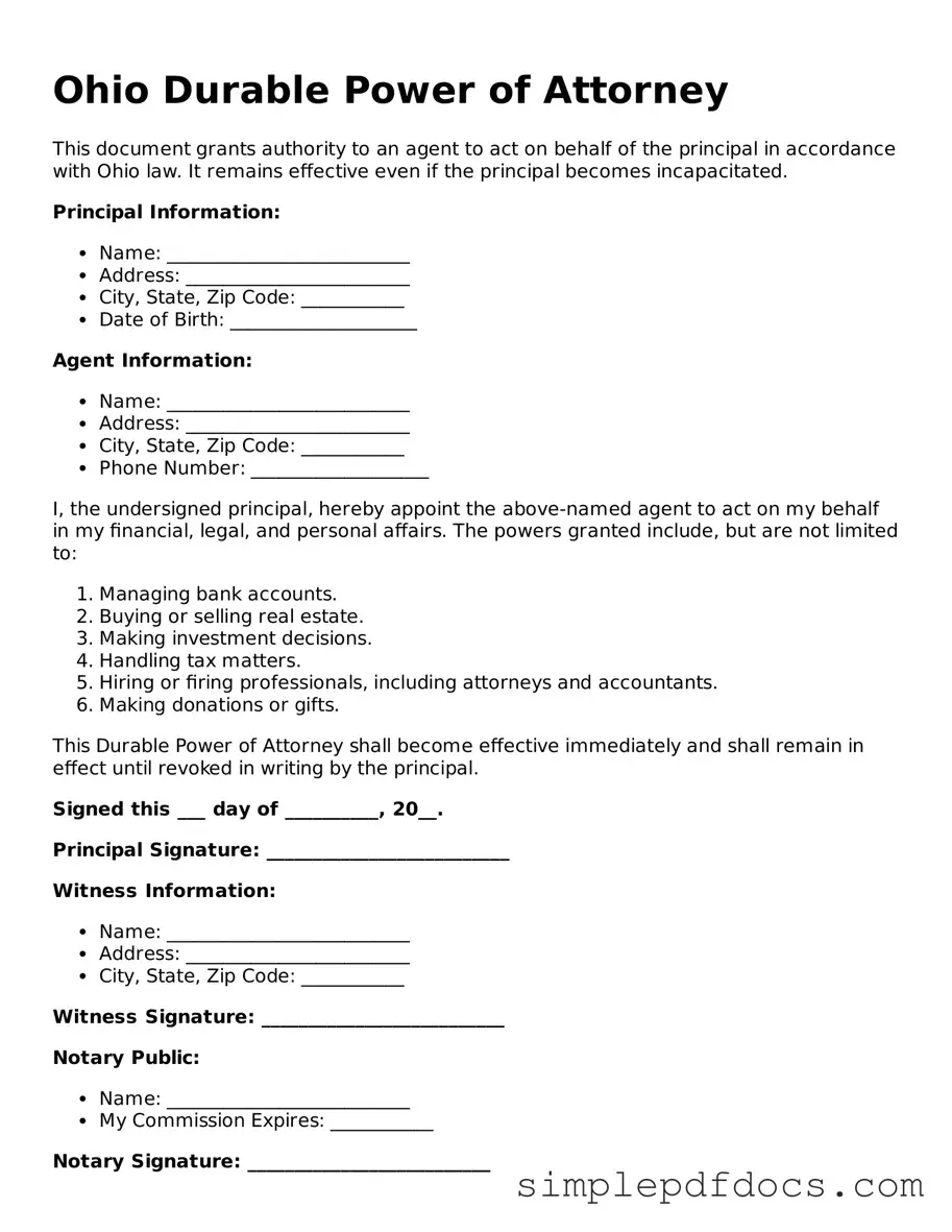 Legal Durable Power of Attorney Document for the State of Ohio