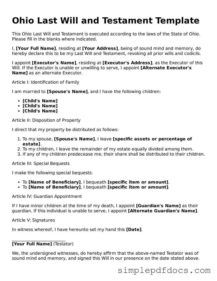 Legal Last Will and Testament Document for the State of Ohio