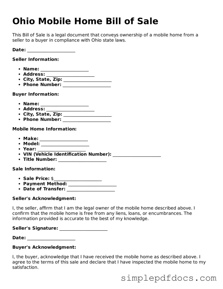 Legal Mobile Home Bill of Sale Document for the State of Ohio