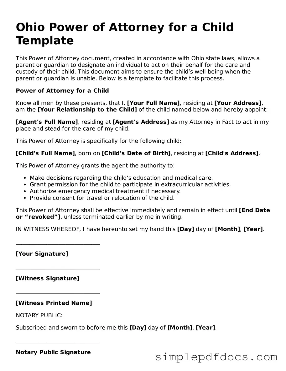 Legal Power of Attorney for a Child Document for the State of Ohio