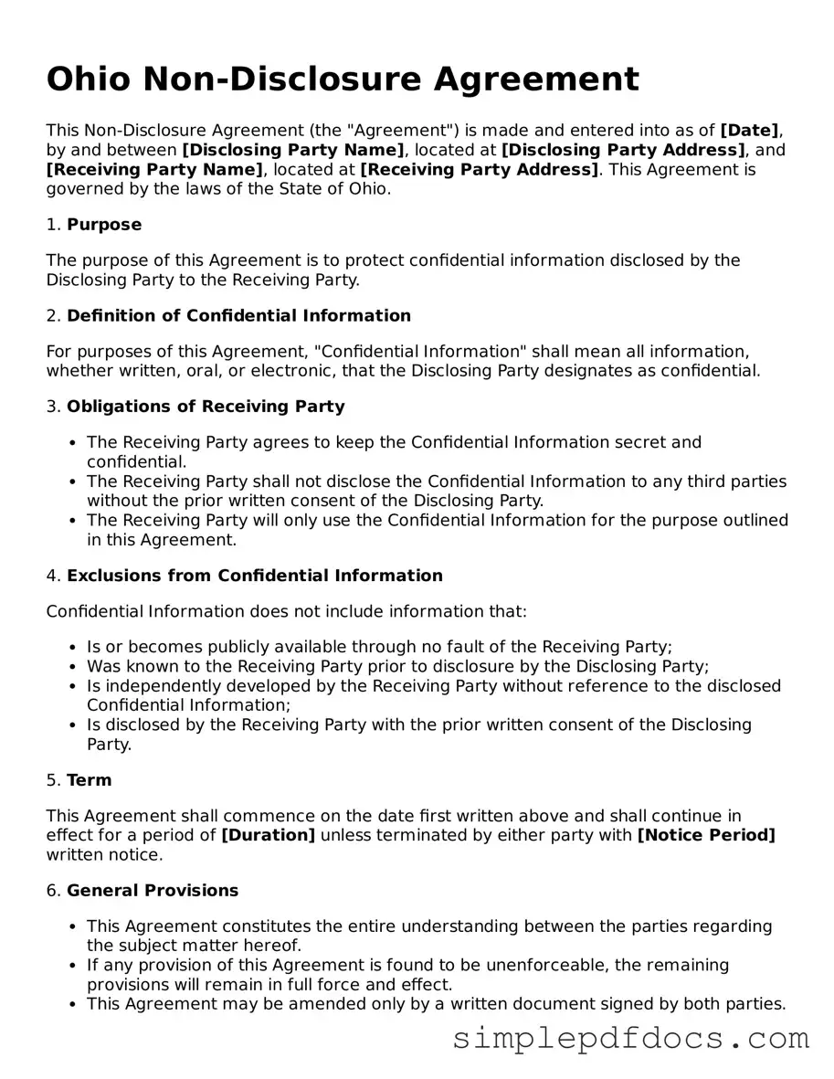 Legal Non-disclosure Agreement Document for the State of Ohio