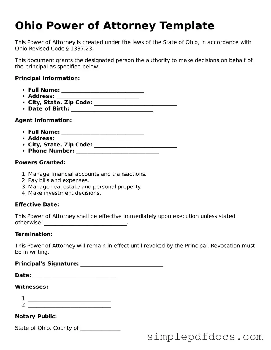 Legal Power of Attorney Document for the State of Ohio