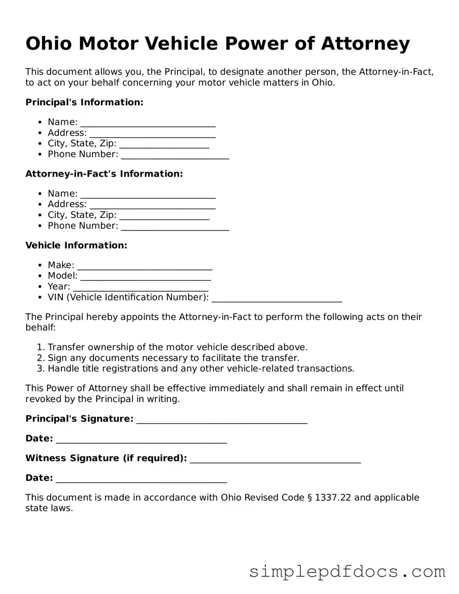 Legal Motor Vehicle Power of Attorney Document for the State of Ohio