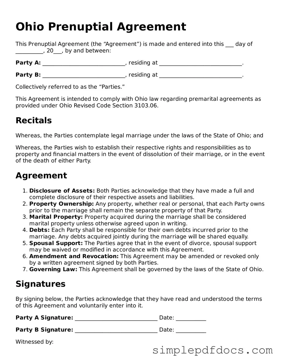 Legal Prenuptial Agreement Document for the State of Ohio