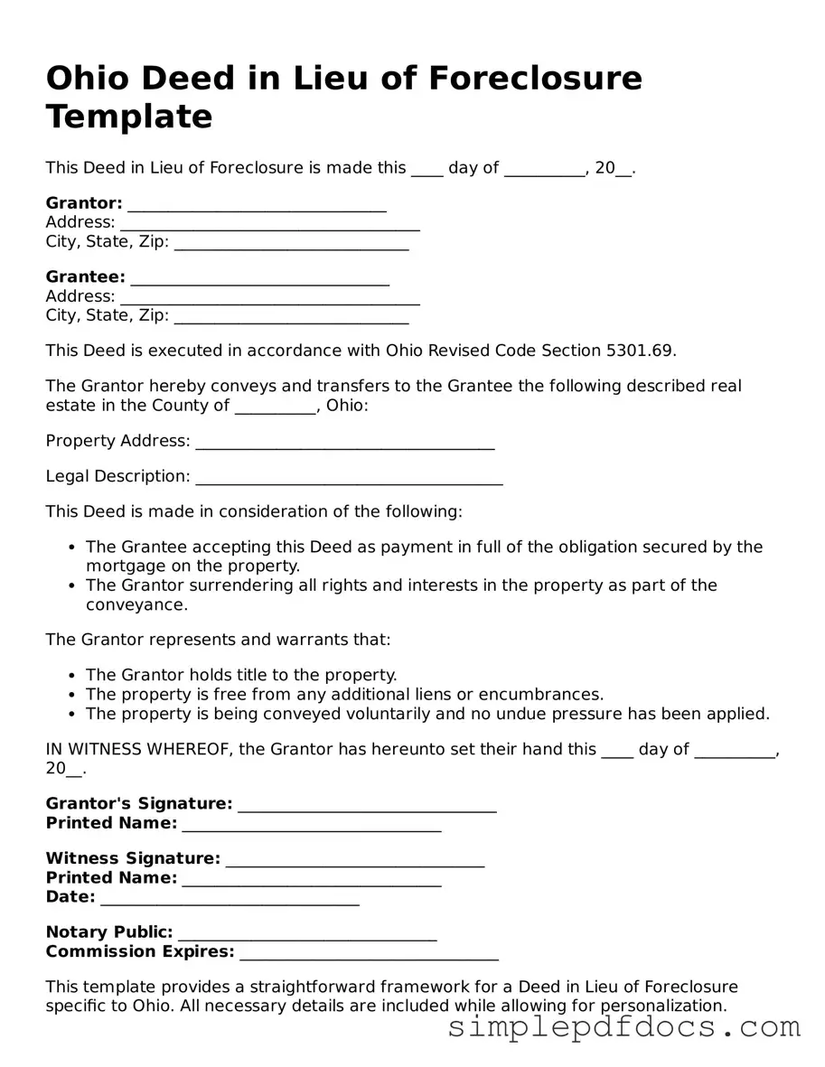 Legal Deed in Lieu of Foreclosure Document for the State of Ohio