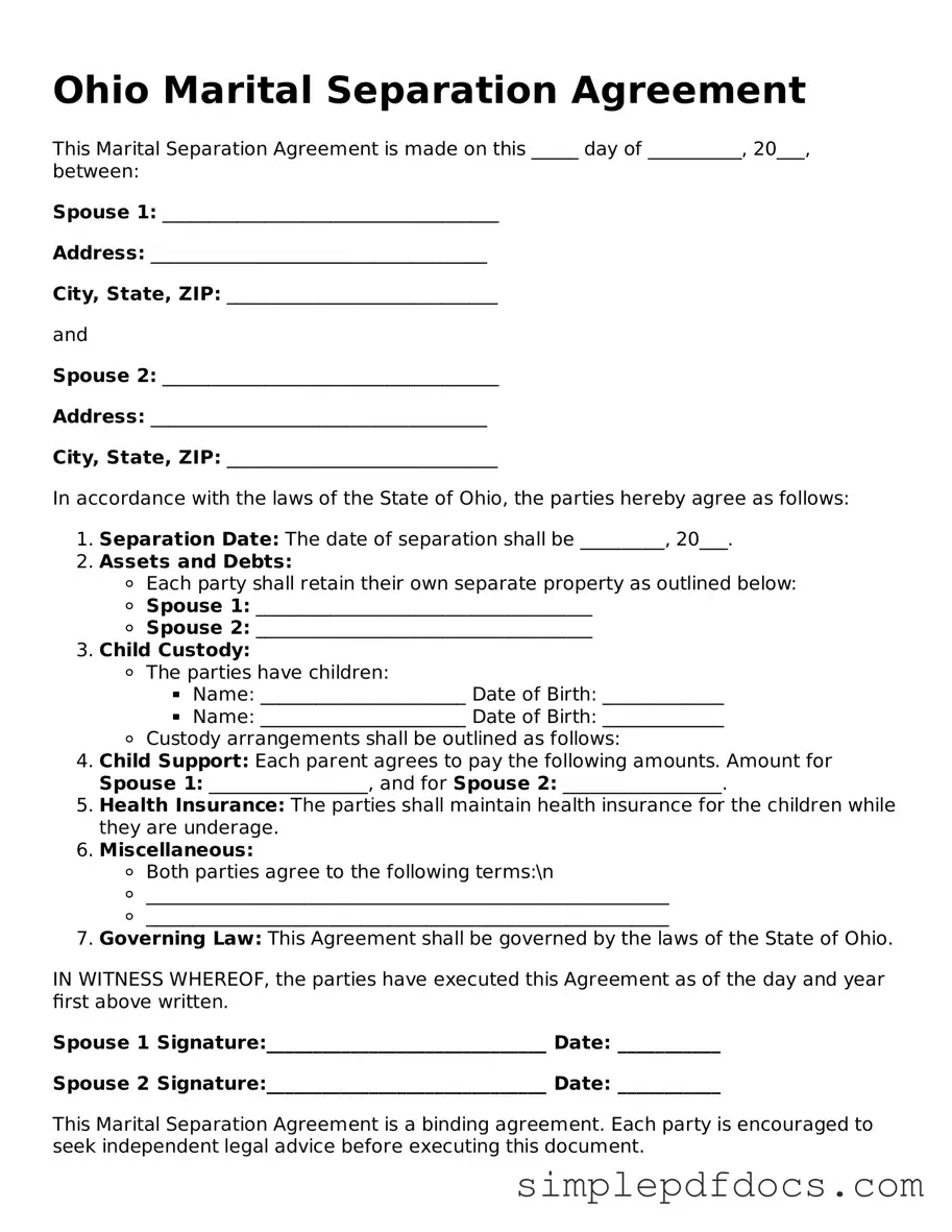 Legal Marital Separation Agreement Document for the State of Ohio