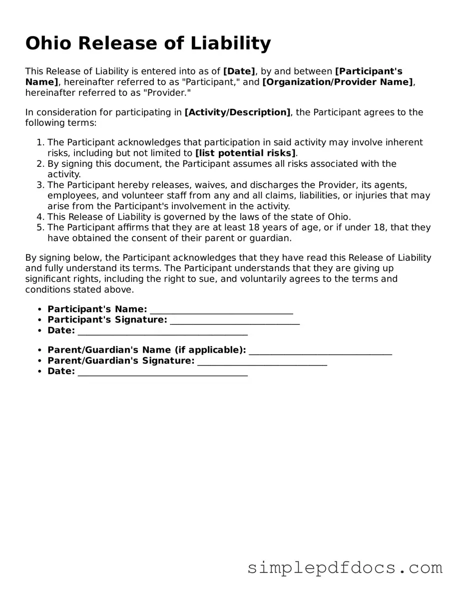 Legal Release of Liability Document for the State of Ohio