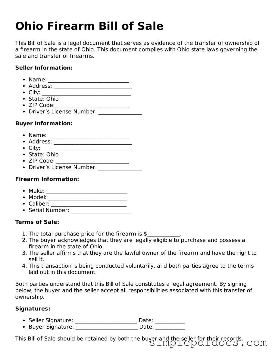 Legal Firearm Bill of Sale Document for the State of Ohio