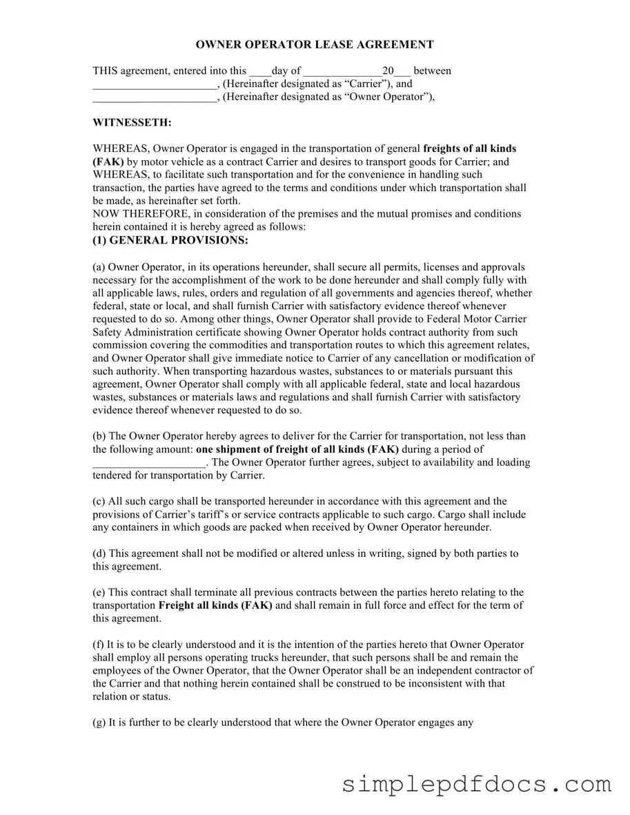 Fill Your Owner Operator Lease Agreement Form