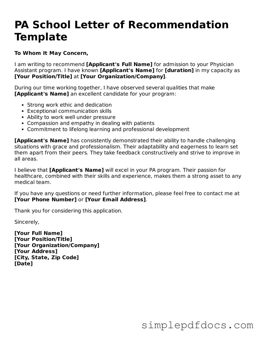 Attorney-Approved PA School Letter of Recommendation Form