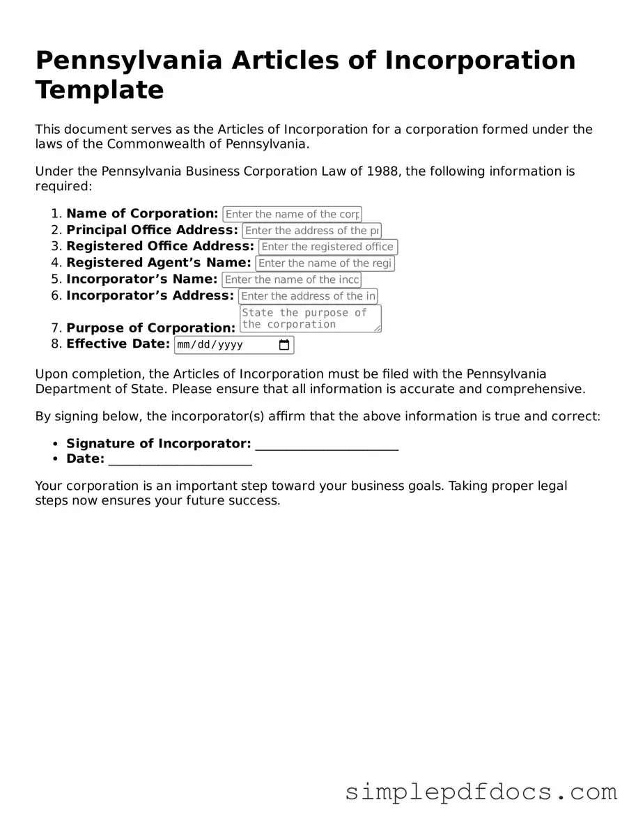 Legal Articles of Incorporation Document for the State of Pennsylvania