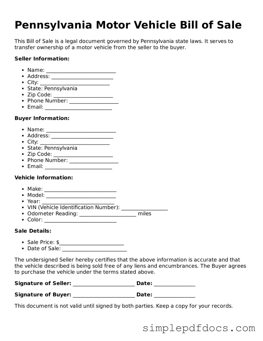 Legal Motor Vehicle Bill of Sale Document for the State of Pennsylvania