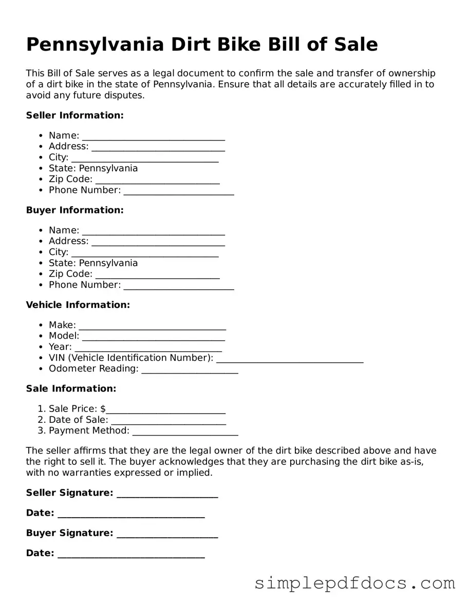 Legal Dirt Bike Bill of Sale Document for the State of Pennsylvania
