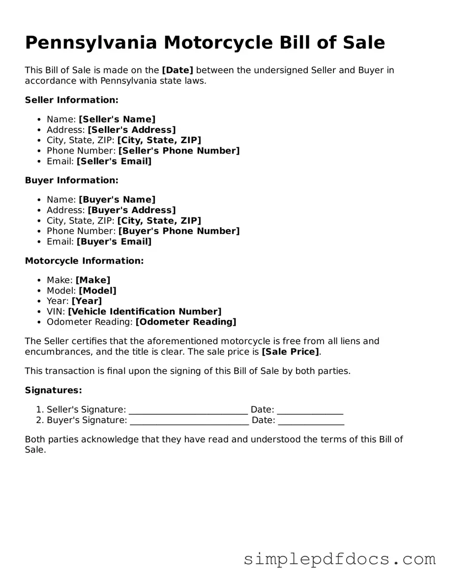 Legal Motorcycle Bill of Sale Document for the State of Pennsylvania