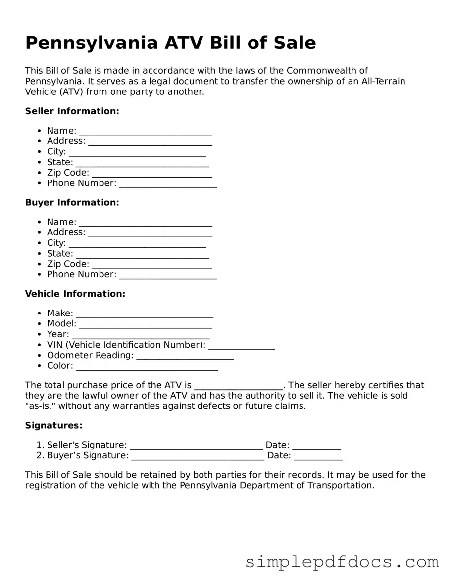 Legal ATV Bill of Sale Document for the State of Pennsylvania