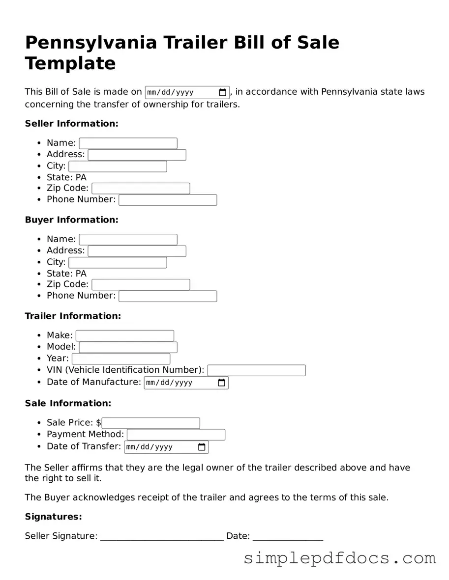 Legal Trailer Bill of Sale Document for the State of Pennsylvania
