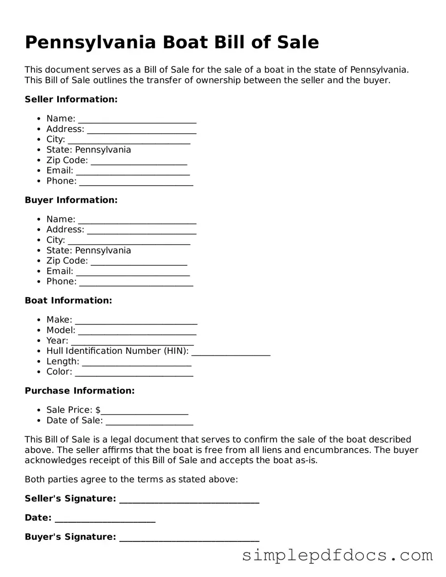 Legal Boat Bill of Sale Document for the State of Pennsylvania