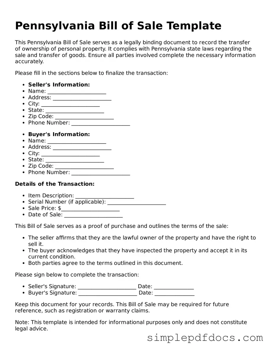 Legal Bill of Sale Document for the State of Pennsylvania